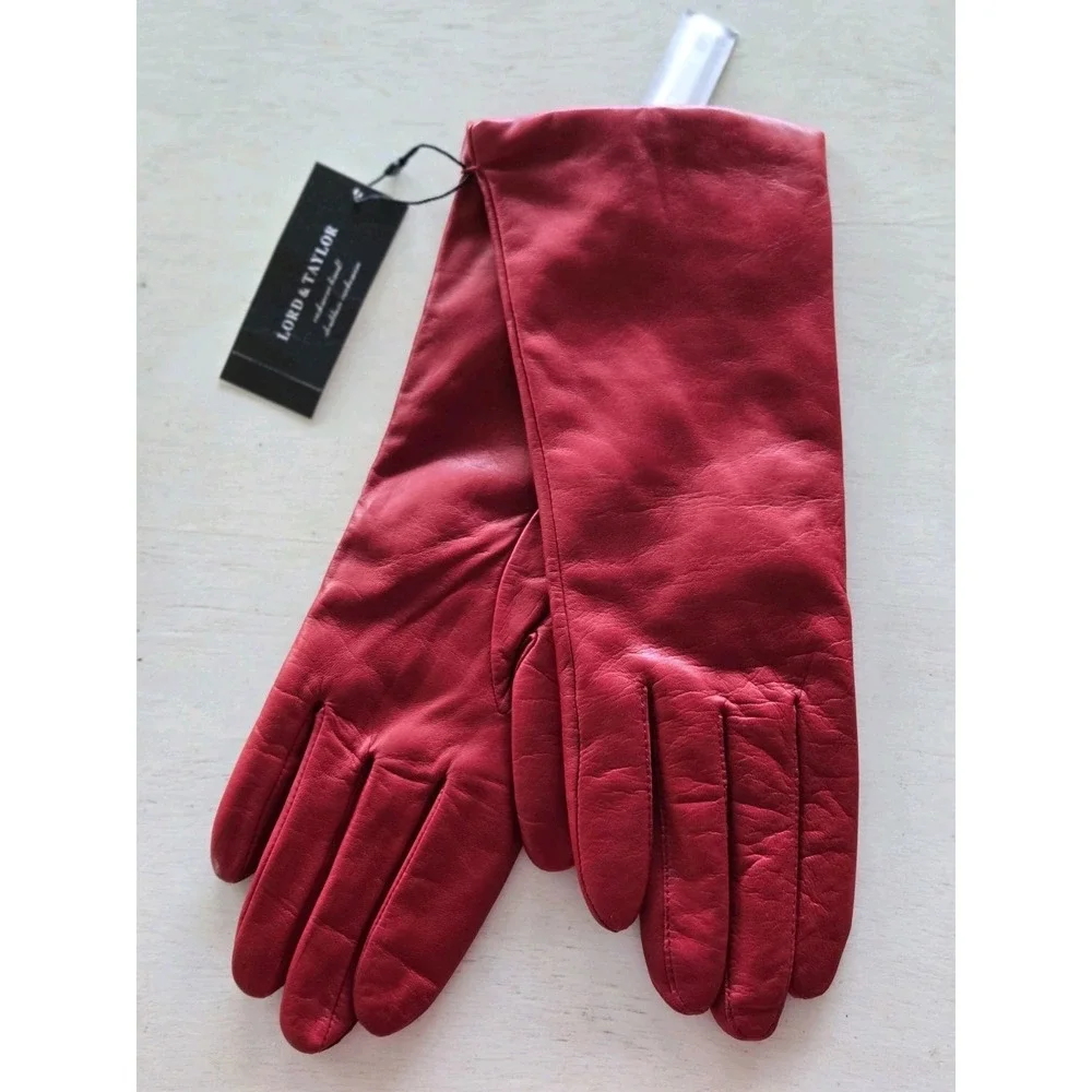 NWT Lord & Taylor Gloves Leather Cashmere Chry Red Sz 7.5 Gift Buttery Vtg 5288